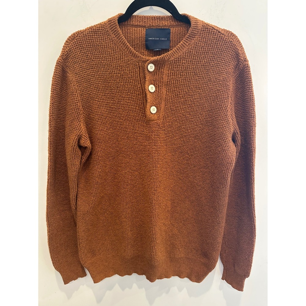 American Eagle Mens Medium Tall Rust Brown Waffle Knit Henley Sweater MT